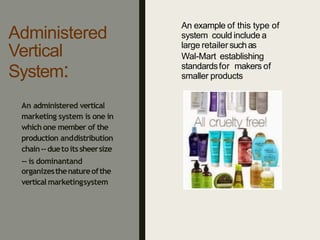 Administered
Vertical
System:
An example of this type of
system could include a
large retailer suchas
Wal-Mart establishing
standardsfor makers of
smaller products
An administered vertical
marketing system is one in
whichone member of the
production anddistribution
chain--duetoitssheersize
-- is dominantand
organizesthenatureofthe
vertical marketingsystem
 