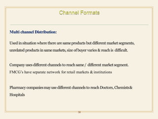 Multi channel Distribution:
38
Used insituation where there are sameproducts but different marketsegments,
unrelated products insamemarkets,size ofbuyer varies & reach is difficult.
Company usesdifferent channels to reach same/ different marketsegment.
FMCG’s have separate network for retail markets & institutions
Pharmacy companiesmayusedifferent channels to reach Doctors, Chemists&
Hospitals
 