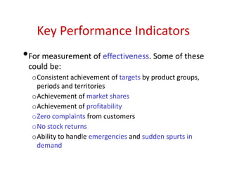 Key Performance Indicators
•For measurement of effectiveness. Some of these
could be:
oConsistent achievement of targets by product groups,
periods and territories
oAchievement of market shares
oAchievement of profitability
oZero complaints from customers
oNo stock returns
oAbility to handle emergencies and sudden spurts in
demand
 