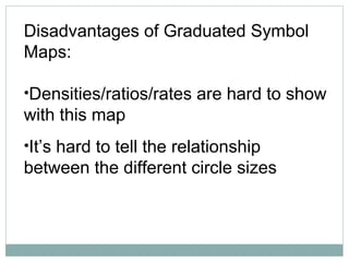 Disadvantages of Graduated Symbol
Maps:
•Densities/ratios/rates are hard to show
with this map
•It’s hard to tell the relationship
between the different circle sizes
 