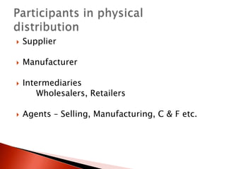  Supplier
 Manufacturer
 Intermediaries
Wholesalers, Retailers
 Agents – Selling, Manufacturing, C & F etc.
 