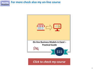 52
For more check also my on-line course
Click to check my course
On-line Business Models in Excel –
Practical Guide
$45
$15
 