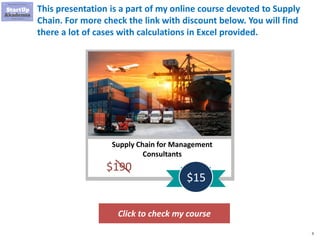 9
This presentation is a part of my online course devoted to Supply
Chain. For more check the link with discount below. You will find
there a lot of cases with calculations in Excel provided.
Click to check my course
Supply Chain for Management
Consultants
$190
$15
 
