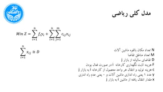 ‫ریاضی‬ ‫کلی‬ ‫مدل‬
𝑖=1
𝑛
𝑥𝑖𝑗 ≅ 𝐷
𝑀𝑖𝑛 𝑍 =
𝑖=1
𝑛
𝑓𝑖 𝑦𝑖 +
𝑖=1
𝑛
𝑗=1
𝑚
𝑐𝑖𝑗 𝑥𝑖𝑗
N‫آالت‬ ‫ماشین‬ ‫بالقوه‬ ‫مکان‬ ‫تعداد‬
M‫تقاضا‬ ‫مناطق‬ ‫تعداد‬
D‫بازار‬ ‫از‬ ‫سالیانه‬ ‫تقاضای‬j
F‫کارخانه‬ ‫نگهداری‬ ‫ثابت‬ ‫هزینه‬i‫بودن‬ ‫فعال‬ ‫صورت‬ ‫در‬
c‫کارخانه‬ ‫از‬ ‫محصول‬ ‫واحد‬ ‫هر‬ ‫انتقال‬ ‫و‬ ‫تولید‬ ‫هزینه‬i‫بازار‬ ‫به‬j
y‫عدد‬1‫و‬ ‫آالت‬ ‫ماشین‬ ‫اندازی‬ ‫راه‬ ‫یعنی‬0‫اندزی‬ ‫راه‬ ‫عدم‬ ‫یعنی‬
x‫ماشین‬ ‫از‬ ‫یافته‬ ‫انتقال‬ ‫مقدار‬i‫بازار‬ ‫به‬j
 