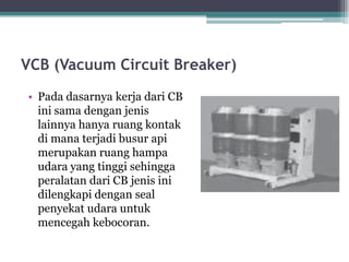 VCB (Vacuum Circuit Breaker)
• Pada dasarnya kerja dari CB
ini sama dengan jenis
lainnya hanya ruang kontak
di mana terjadi busur api
merupakan ruang hampa
udara yang tinggi sehingga
peralatan dari CB jenis ini
dilengkapi dengan seal
penyekat udara untuk
mencegah kebocoran.
 