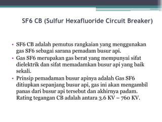 SF6 CB (Sulfur Hexafluoride Circuit Breaker)
• SF6 CB adalah pemutus rangkaian yang menggunakan
gas SF6 sebagai sarana pemadam busur api.
• Gas SF6 merupakan gas berat yang mempunyai sifat
dielektrik dan sifat memadamkan busur api yang baik
sekali.
• Prinsip pemadaman busur apinya adalah Gas SF6
ditiupkan sepanjang busur api, gas ini akan mengambil
panas dari busur api tersebut dan akhirnya padam.
Rating tegangan CB adalah antara 3.6 KV – 760 KV.
 