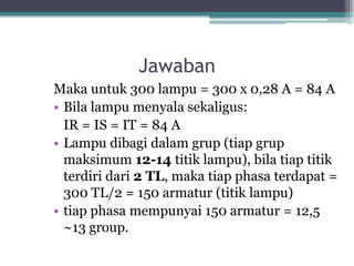 Jawaban
Maka untuk 300 lampu = 300 x 0,28 A = 84 A
• Bila lampu menyala sekaligus:
IR = IS = IT = 84 A
• Lampu dibagi dalam grup (tiap grup
maksimum 12-14 titik lampu), bila tiap titik
terdiri dari 2 TL, maka tiap phasa terdapat =
300 TL/2 = 150 armatur (titik lampu)
• tiap phasa mempunyai 150 armatur = 12,5
~13 group.
 