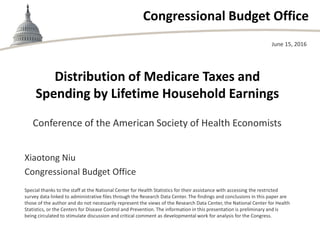 Congressional Budget Office
Distribution of Medicare Taxes and
Spending by Lifetime Household Earnings
Conference of the American Society of Health Economists
June 15, 2016
Xiaotong Niu
Congressional Budget Office
Special thanks to the staff at the National Center for Health Statistics for their assistance with accessing the restricted
survey data linked to administrative files through the Research Data Center. The findings and conclusions in this paper are
those of the author and do not necessarily represent the views of the Research Data Center, the National Center for Health
Statistics, or the Centers for Disease Control and Prevention. The information in this presentation is preliminary and is
being circulated to stimulate discussion and critical comment as developmental work for analysis for the Congress.
 