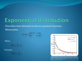 Describes time between events in a poisson’s process.
Memoryless
Mean:
Variance:
 