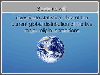Students will:
  investigate statistical data of the
current global distribution of the ﬁve
      major religious traditions
 