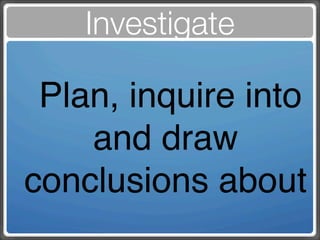 Investigate

 Plan, inquire into
    and draw
conclusions about
 