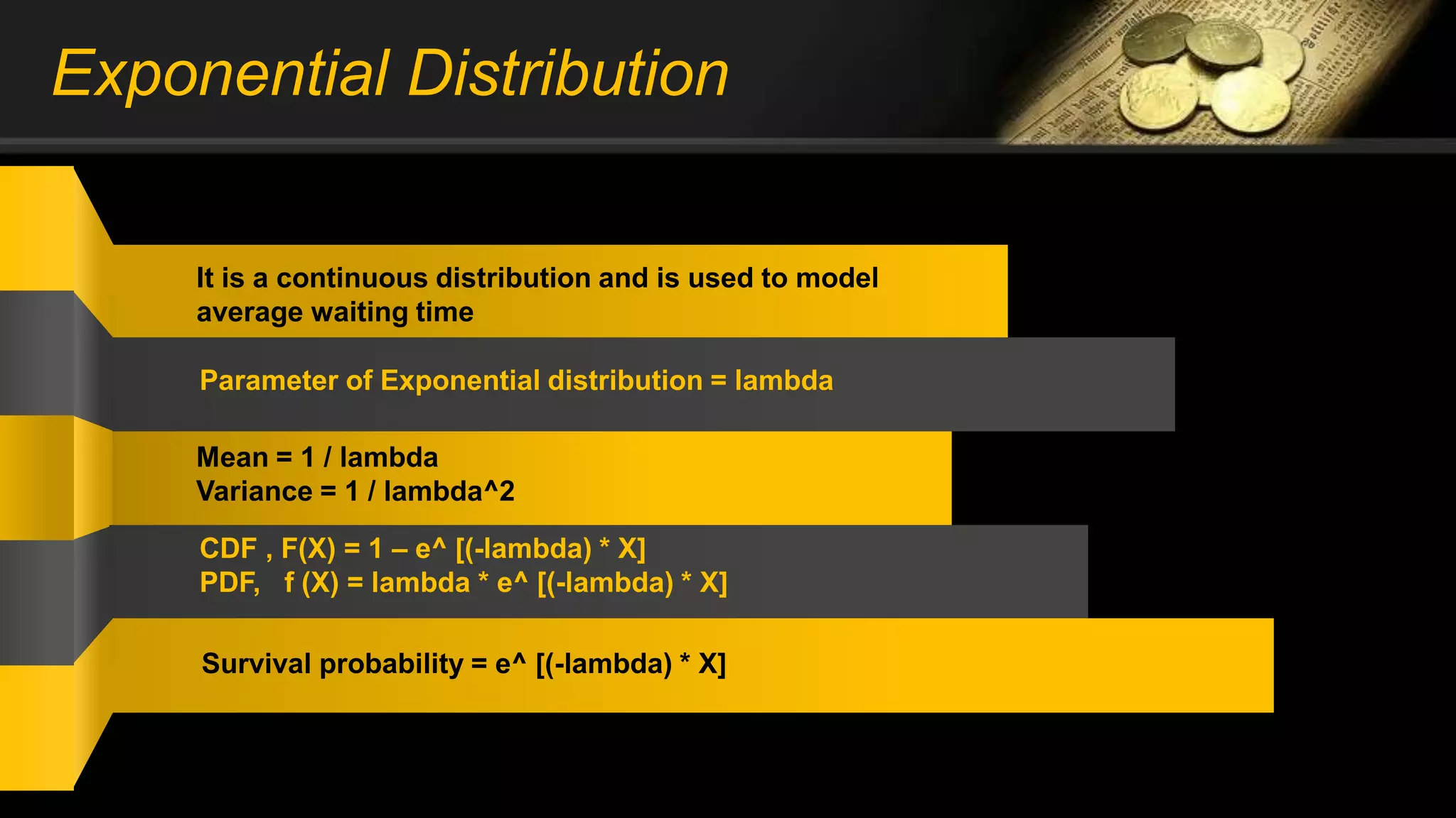 Exponential Distribution
It is a continuous distribution and is used to model
average waiting time
Parameter of Exponential distribution = lambda
Mean = 1 / lambda
Variance = 1 / lambda^2
CDF , F(X) = 1 – e^ [(-lambda) * X]
PDF, f (X) = lambda * e^ [(-lambda) * X]
Survival probability = e^ [(-lambda) * X]
 