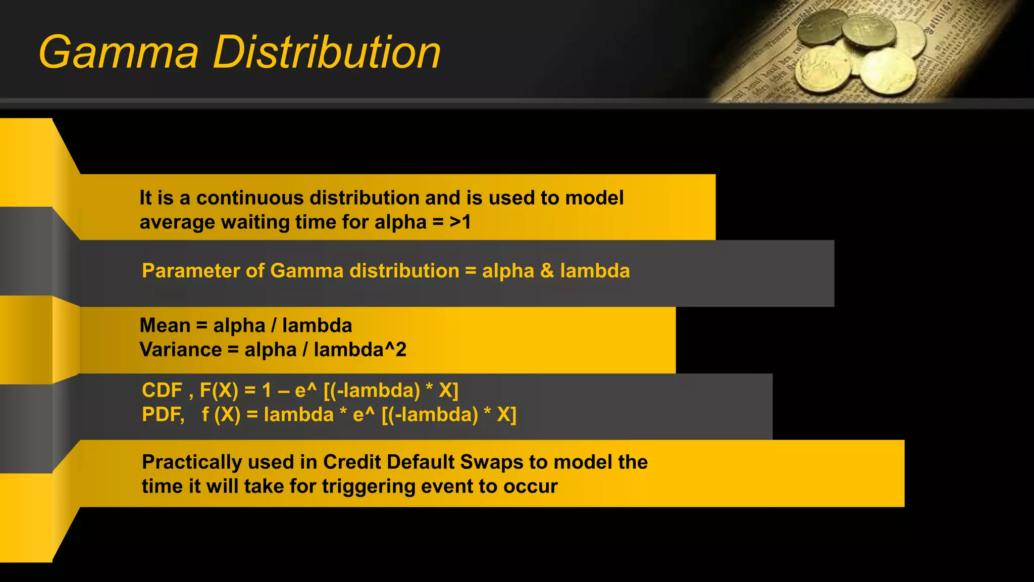 Gamma Distribution
It is a continuous distribution and is used to model
average waiting time for alpha = >1
Parameter of Gamma distribution = alpha & lambda
Mean = alpha / lambda
Variance = alpha / lambda^2
CDF , F(X) = 1 – e^ [(-lambda) * X]
PDF, f (X) = lambda * e^ [(-lambda) * X]
Practically used in Credit Default Swaps to model the
time it will take for triggering event to occur
 