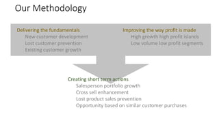 Our Methodology 
Improving the way profit is made 
High growth high profit islands 
Low volume low profit segments 
Delivering the fundamentals 
New customer development 
Lost customer prevention 
Existing customer growth 
Creating short term actions 
Salesperson portfolio growth 
Cross sell enhancement 
Lost product sales prevention 
Opportunity based on similar customer purchases 
 