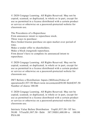© 2020 Cengage Learning. All Rights Reserved. May not be
copied, scanned, or duplicated, in whole or in part, except for
use as permitted in a license distributed with a certain product
or service or otherwise on a password-protected website for
classroom use.
The Procedures of a Repurchase
Firm announces intent to repurchase stock.
Three ways to purchase:
Have broker/trustee purchase on open market over period of
time.
Make a tender offer to shareholders.
Make a block (targeted) repurchase.
Firm doesn’t have to complete its announced intent to
repurchase.
© 2020 Cengage Learning. All Rights Reserved. May not be
copied, scanned, or duplicated, in whole or in part, except for
use as permitted in a license distributed with a certain product
or service or otherwise on a password-protected website for
classroom use.
IWT Before a Distribution: Inputs (Millions)Value of
operations$1,937.50 Short-term investments$50.00 Debt$387.50
Number of shares 100.00
© 2020 Cengage Learning. All Rights Reserved. May not be
copied, scanned, or duplicated, in whole or in part, except for
use as permitted in a license distributed with a certain product
or service or otherwise on a password-protected website for
classroom use.
Intrinsic Value Before Distribution Vop$1,937.50+ ST Inv.
50.00 VTotal$1,987.50− Debt 387.50S$1,600.00÷n 100.00
P$16.00
 