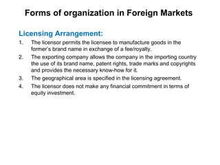 Forms of organization in Foreign Markets
Licensing Arrangement:
1.
2.

3.
4.

The licensor permits the licensee to manufac...