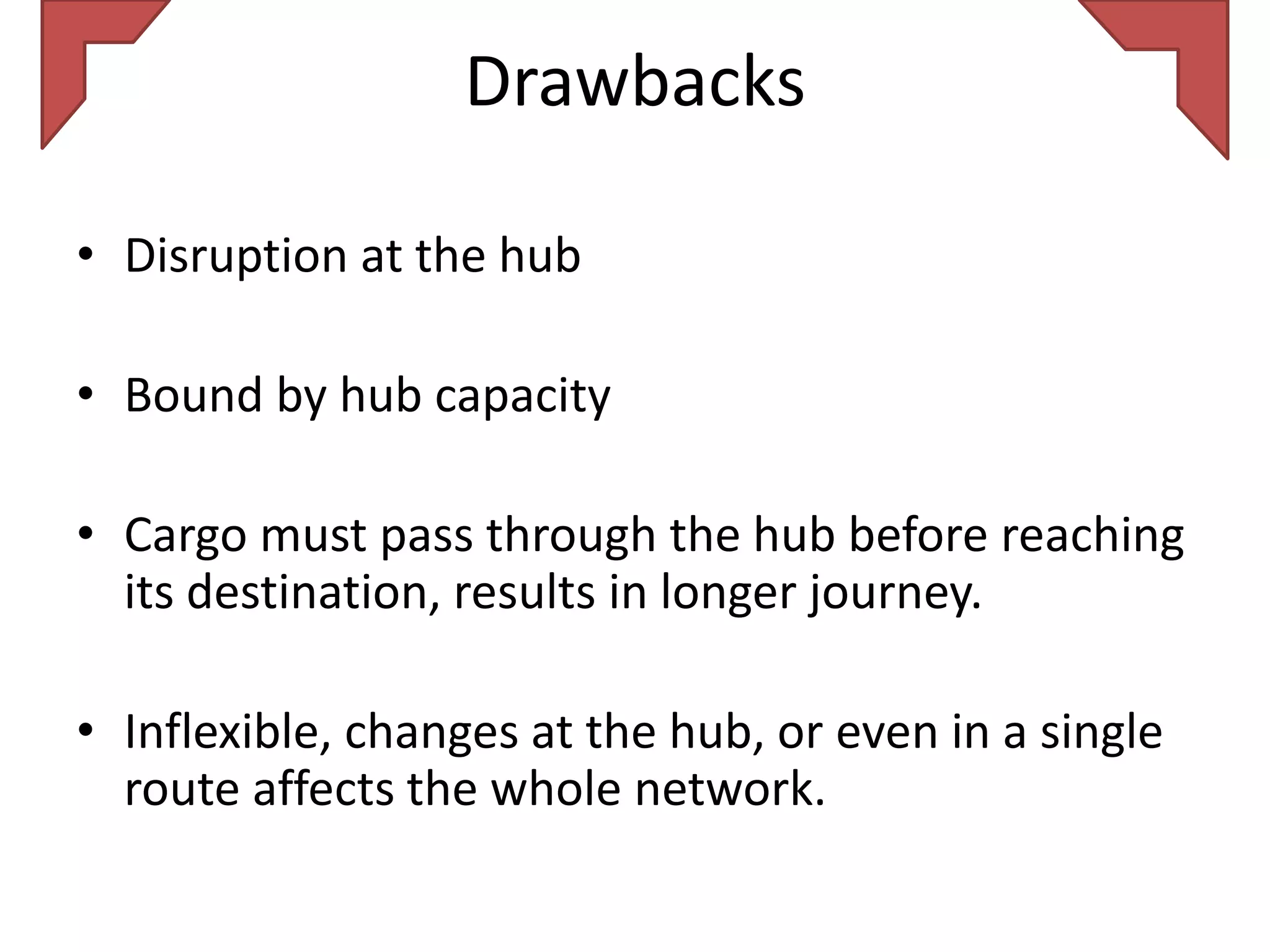 Drawbacks

• Disruption at the hub

• Bound by hub capacity

• Cargo must pass through the hub before reaching
  its destination, results in longer journey.

• Inflexible, changes at the hub, or even in a single
  route affects the whole network.
 