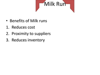 Milk Run

• Benefits of Milk runs
1. Reduces cost
2. Proximity to suppliers
3. Reduces inventory
 