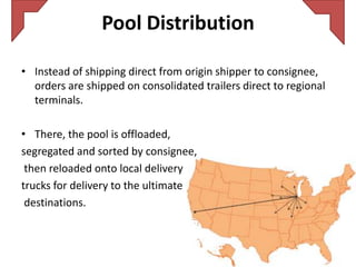 Pool Distribution

• Instead of shipping direct from origin shipper to consignee,
  orders are shipped on consolidated trailers direct to regional
  terminals.

• There, the pool is offloaded,
segregated and sorted by consignee,
 then reloaded onto local delivery
trucks for delivery to the ultimate
 destinations.
 