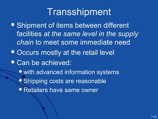 7-18
Transshipment
Shipment of items between different
facilities at the same level in the supply
chain to meet some immediate need
Occurs mostly at the retail level
Can be achieved:
with advanced information systems
Shipping costs are reasonable
Retailers have same owner
 