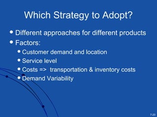 7-20
Which Strategy to Adopt?
Different approaches for different products
Factors:
Customer demand and location
Service level
Costs => transportation & inventory costs
Demand Variability
 
