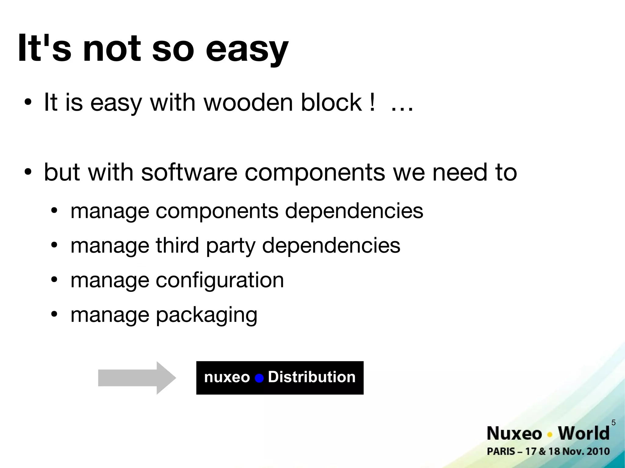 It's not so easy
●
    It is easy with wooden block ! …

●
    but with software components we need to
    ●
        manage components dependencies
    ●
        manage third party dependencies
    ●
        manage confguration
    ●
        manage packaging

                    nuxeo   Distribution

                                              5
 