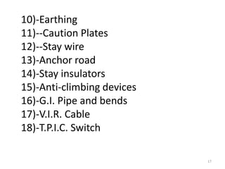 10)-Earthing
11)--Caution Plates
12)--Stay wire
13)-Anchor road
14)-Stay insulators
15)-Anti-climbing devices
16)-G.I. Pipe and bends
17)-V.I.R. Cable
18)-T.P.I.C. Switch
17
 