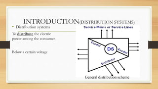 INTRODUCTION(DISTRIBUTION SYSTEMS)
• Distribution systems
To distribute the electric
power among the consumer.
Below a cer...