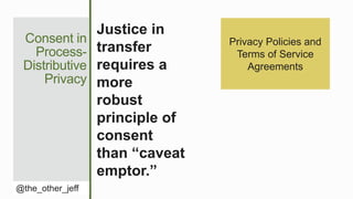 Consent in
Process-
Distributive
Privacy
@the_other_jeff
Justice in
transfer
requires a
more
robust
principle of
consent
than “caveat
emptor.”
Privacy Policies and
Terms of Service
Agreements
 