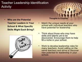 Teacher Leadership Identification
Activity
• Who are the Potential
Teacher Leaders in Your
School & What Specific
Skills Might Each Bring?
Thoughts to Consider
• Match the unique needs at your
school with individual teachers who
have potential for leadership
• Think about those who may have
skills and talents yet to be
discovered. Encourage them to help
fill a niche in your school.
• Work to develop leadership roles for
many teachers. Avoid calling on the
same teachers and strive to discover
new potential for leadership in your
school.
 