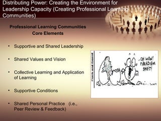Distributing Power: Creating the Environment for
Leadership Capacity (Creating Professional Learning
Communities)
Professional Learning Communities
Core Elements
• Supportive and Shared Leadership
• Shared Values and Vision
• Collective Learning and Application
of Learning
• Supportive Conditions
• Shared Personal Practice (i.e.,
Peer Review & Feedback)
 