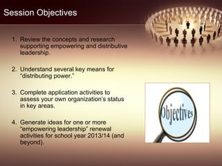 Session Objectives
1. Review the concepts and research
supporting empowering and distributive
leadership.
2. Understand several key means for
“distributing power.”
3. Complete application activities to
assess your own organization’s status
in key areas.
4. Generate ideas for one or more
“empowering leadership” renewal
activities for school year 2013/14 (and
beyond).
 