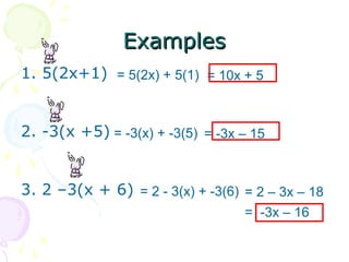 EExxaammpplleess 
1. 5(2x+1) = 5(2x) + 5(1) = 10x + 5 
2. -3(x +5) = -3(x) + -3(5) = -3x – 15 
3. 2 –3(x + 6) = 2 - 3(x) + -3(6) = 2 – 3x – 18 
= -3x – 16 
 