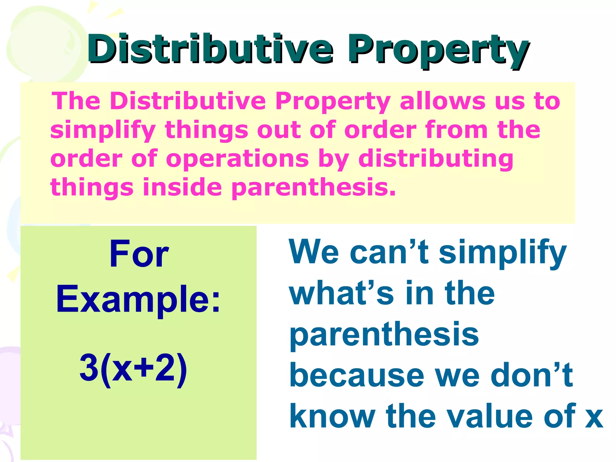 Distributive property in algebra power point | PPT
