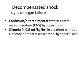 Decompensated shock:
signs of organ failure
• Confusion/altered mental status: central
nervous system (CNS) hypoperfusion
• Oliguria (< 0.5 mL/kg/hr) in a patient without
a history of renal disease: renal hypoperfusion
 