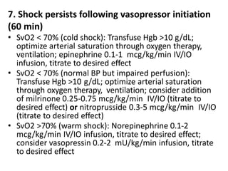 7. Shock persists following vasopressor initiation
(60 min)
• SvO2 < 70% (cold shock): Transfuse Hgb >10 g/dL;
optimize arterial saturation through oxygen therapy,
ventilation; epinephrine 0.1-1 mcg/kg/min IV/IO
infusion, titrate to desired effect
• SvO2 < 70% (normal BP but impaired perfusion):
Transfuse Hgb >10 g/dL; optimize arterial saturation
through oxygen therapy, ventilation; consider addition
of milrinone 0.25-0.75 mcg/kg/min IV/IO (titrate to
desired effect) or nitroprusside 0.3-5 mcg/kg/min IV/IO
(titrate to desired effect)
• SvO2 >70% (warm shock): Norepinephrine 0.1-2
mcg/kg/min IV/IO infusion, titrate to desired effect;
consider vasopressin 0.2-2 mU/kg/min infusion, titrate
to desired effect
 