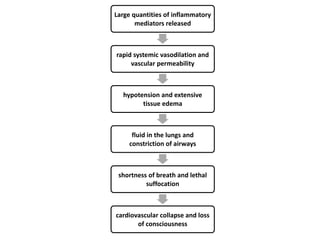 Large quantities of inflammatory
mediators released
rapid systemic vasodilation and
vascular permeability
hypotension and extensive
tissue edema
fluid in the lungs and
constriction of airways
shortness of breath and lethal
suffocation
cardiovascular collapse and loss
of consciousness
 