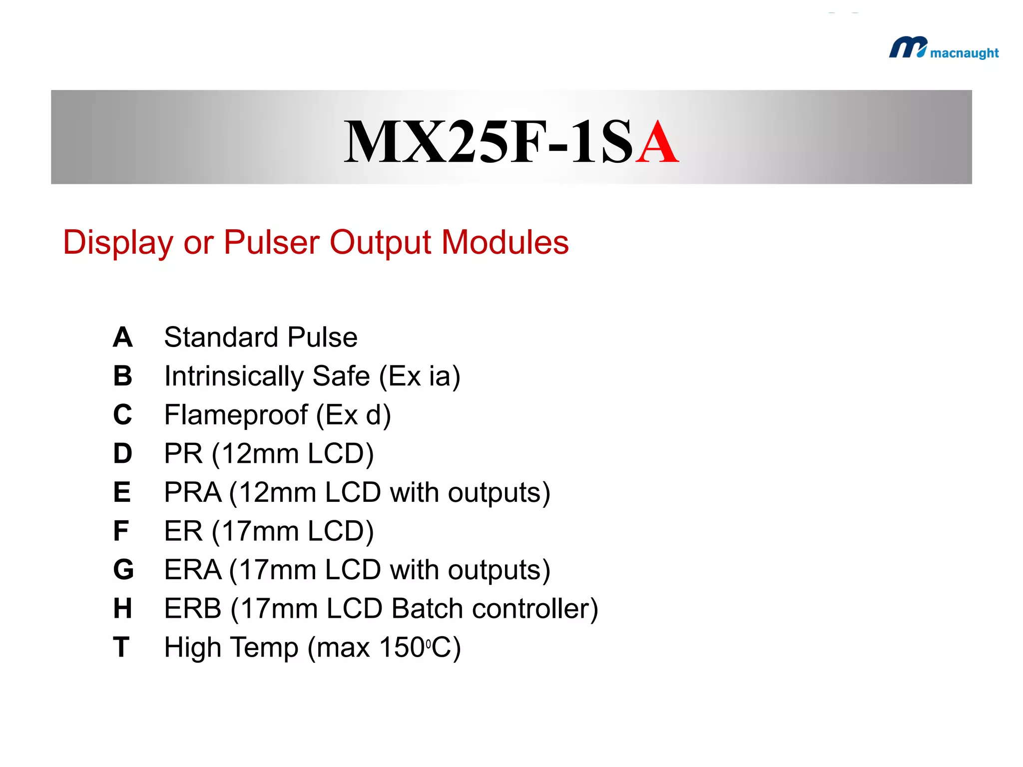 MX25F-1SA
Breakdown of the part numbering system

Part Number

 