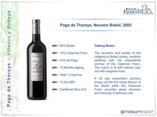 Pago de Tharsys – Viñedos y Bodega


                                     Pago de Tharsys, Neustro Bobal, 2005




                                     85% Bobal            Tasting Notes:

                                     15% Cabernet Franc   The structure and acidity of the
                                                          indigenous Bobal variety, combine
                                     Vino de Pago         perfectly with the characterful
                                                          aromas of the Cabernet Franc.
                                     13 Months Ageing     The colour is lit with intense ruby
                                                          red with magenta hues.
                                     Yield 1,5 kg/vine
                                                          A 42 day maceration process
                                     13.5% ABV            brings out the full meaty flavour of
                                                          the Bobal while the Cabernet
                                     Cardboard Box of 6   Franc provides great structure
                                                          and intensity. A delicious red.
 
