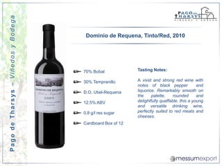 Pago de Tharsys – Viñedos y Bodega


                                      Dominio de Requena, Tinto/Red, 2010




                                     70% Bobal             Tasting Notes:

                                     30% Tempranillo       A vivid and strong red wine with
                                                           notes of black pepper            and
                                     D.O. Utiel-Requena    liquorice. Remarkably smooth on
                                                           the     palette,    rounded      and
                                     12.5% ABV             delightfully quaffable, this a young
                                                           and versatile drinking wine,
                                     0.8 g/l res sugar     perfectly suited to red meats and
                                                           cheeses.
                                     Cardboard Box of 12
 