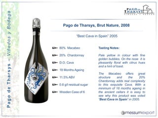 Pago de Tharsys – Viñedos y Bodega


                                       Pago de Tharsys, Brut Nature, 2008

                                                  “Best Cava in Spain” 2005


                                     80% Macabeo               Tasting Notes:

                                     20% Chardonnay            Pale yellow in colour with fine
                                                               golden bubbles. On the nose it is
                                     D.O. Cava                 pleasantly floral with citrus hues
                                                               and a hint of toast.
                                     18 Months Ageing
                                                               The     Macabeo    offers   great
                                     11.5% ABV                 structure   and       the    20%
                                                               Chardonnay adds real complexity
                                     0.8 g/l residual sugar    to this exquisite Cava. With a
                                                               minimum of 18 months ageing in
                                     Wooden Case of 6          the ancient cellars it is easy to
                                                               see why this product was voted
                                                               “Best Cava in Spain” in 2005.
 