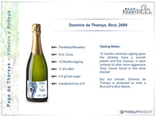 Pago de Tharsys – Viñedos y Bodega


                                            Dominio de Tharsys, Brut, 2009




                                     Perallada/Macabeo     Tasting Notes:

                                     D.O. Cava             12 months minimum ageing gives
                                                           this drinking Cava a smooth
                                     12 Months Ageing      palette and fine mousse, in stark
                                                           contrast to other more aggressive
                                     11.5% ABV             ‘fizzy’ Cavas found in this price
                                                           bracket.
                                     0.8 g/l res sugar
                                                           Dry but smooth, Dominio de
                                     Cardboard box of 6    Tharsys is produced as both a
                                                           Brut and a Brut Nature.
 