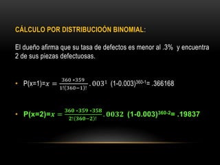 CÁLCULO POR DISTRIBUCIOÓN BINOMIAL:
El dueño afirma que su tasa de defectos es menor al .3% y encuentra
2 de sus piezas defectuosas.

• P(x=1)=𝑥 =

360 ∗359
1! 360−1 !

• P(x=2)=𝒙 =

. 0031 (1-0.003)360-1= .366168

𝟑𝟔𝟎 ∗𝟑𝟓𝟗 ∗𝟑𝟓𝟖
.
𝟐! 𝟑𝟔𝟎−𝟐 !

𝟎𝟎𝟑𝟐 (1-0.003)360-2= .19837

 