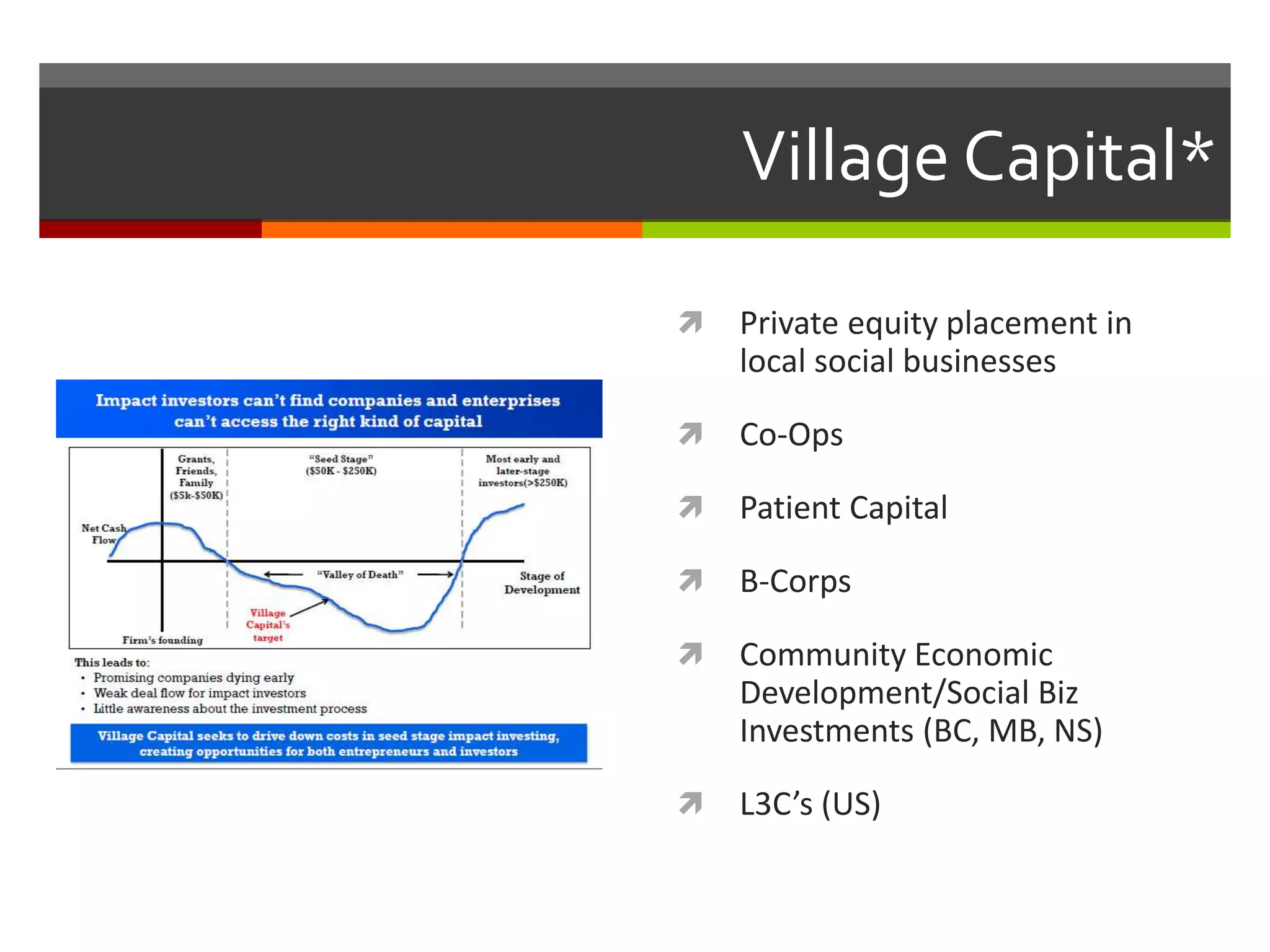 Village Capital*
 Private equity placement in
local social businesses
 Co-Ops
 Patient Capital
 B-Corps
 Community Economic
Development/Social Biz
Investments (BC, MB, NS)
 L3C’s (US)
 