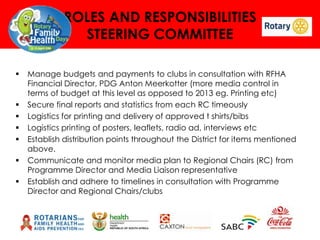 ROLES AND RESPONSIBILITIES
STEERING COMMITTEE









Manage budgets and payments to clubs in consultation with RFHA
Financial Director, PDG Anton Meerkotter (more media control in
terms of budget at this level as opposed to 2013 eg. Printing etc)
Secure final reports and statistics from each RC timeously
Logistics for printing and delivery of approved t shirts/bibs
Logistics printing of posters, leaflets, radio ad, interviews etc
Establish distribution points throughout the District for items mentioned
above.
Communicate and monitor media plan to Regional Chairs (RC) from
Programme Director and Media Liaison representative
Establish and adhere to timelines in consultation with Programme
Director and Regional Chairs/clubs

 