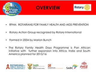 OVERVIEW

• RFHA: ROTARIANS FOR FAMILY HEALTH AND AIDS PREVENTION
• Rotary Action Group recognized by Rotary International
• Formed in 2004 by Marion Bunch
• The Rotary Family Health Days Programme is Pan African
initiative with further expansion into Africa, India and South
America planned for 2015/16

 