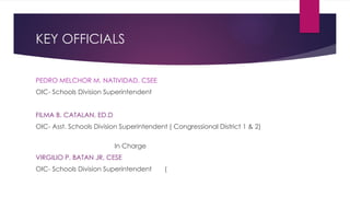 KEY OFFICIALS
PEDRO MELCHOR M. NATIVIDAD, CSEE
OIC- Schools Division Superintendent
FILMA B. CATALAN, ED.D
OIC- Asst. Schools Division Superintendent ( Congressional District 1 & 2)
In Charge
VIRGILIO P. BATAN JR, CESE
OIC- Schools Division Superintendent (
 