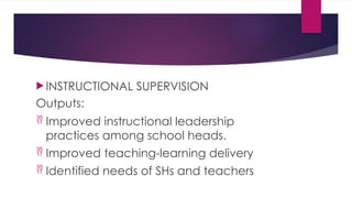  INSTRUCTIONAL SUPERVISION
Outputs:
 Improved instructional leadership
practices among school heads.
 Improved teaching-learning delivery
 Identified needs of SHs and teachers
 