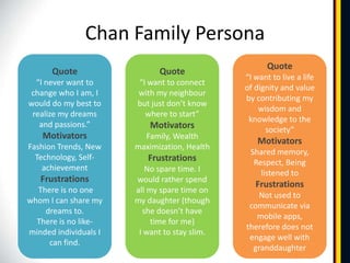 Chan Family Persona
                                                      Quote
      Quote                  Quote
                                               “I want to live a life
  “I never want to     “I want to connect
                                               of dignity and value
change who I am, I     with my neighbour
                                               by contributing my
would do my best to    but just don’t know
                                                   wisdom and
 realize my dreams       where to start”
                                                knowledge to the
   and passions.”          Motivators                society”
    Motivators           Family, Wealth
                                                   Motivators
Fashion Trends, New    maximization, Health
                                                Shared memory,
  Technology, Self-       Frustrations           Respect, Being
    achievement           No spare time. I         listened to
   Frustrations        would rather spend
                                                  Frustrations
  There is no one      all my spare time on
                                                   Not used to
whom I can share my    my daughter (though
                                                communicate via
    dreams to.           she doesn’t have
                                                  mobile apps,
  There is no like-         time for me)
                                               therefore does not
minded individuals I    I want to stay slim.
                                                engage well with
     can find.
                                                 granddaughter
 