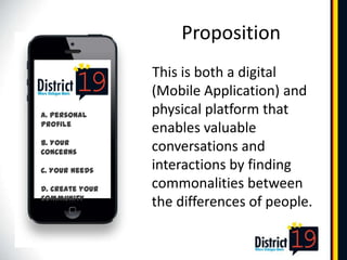 Proposition
                 This is both a digital
                 (Mobile Application) and
A. Personal      physical platform that
Profile
                 enables valuable
B. Your
Concerns         conversations and
C. Your Needs    interactions by finding
D. Create your   commonalities between
Community
                 the differences of people.
 